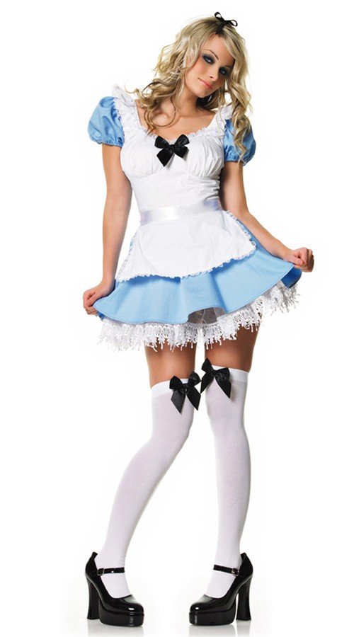 Blå Og Hvid Disney Alice i Eventyrland Kostume