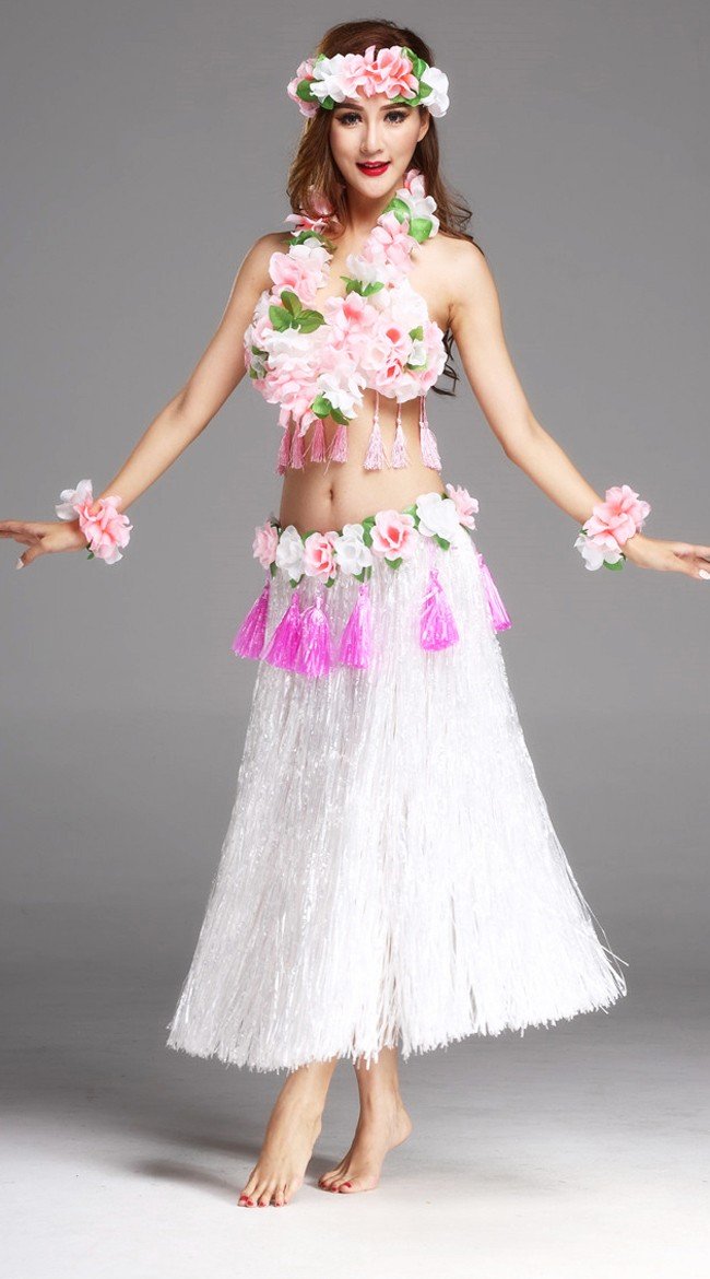 Hula Skørt Hawaii Kostume til Kvinder Hvid Sæt 80cm