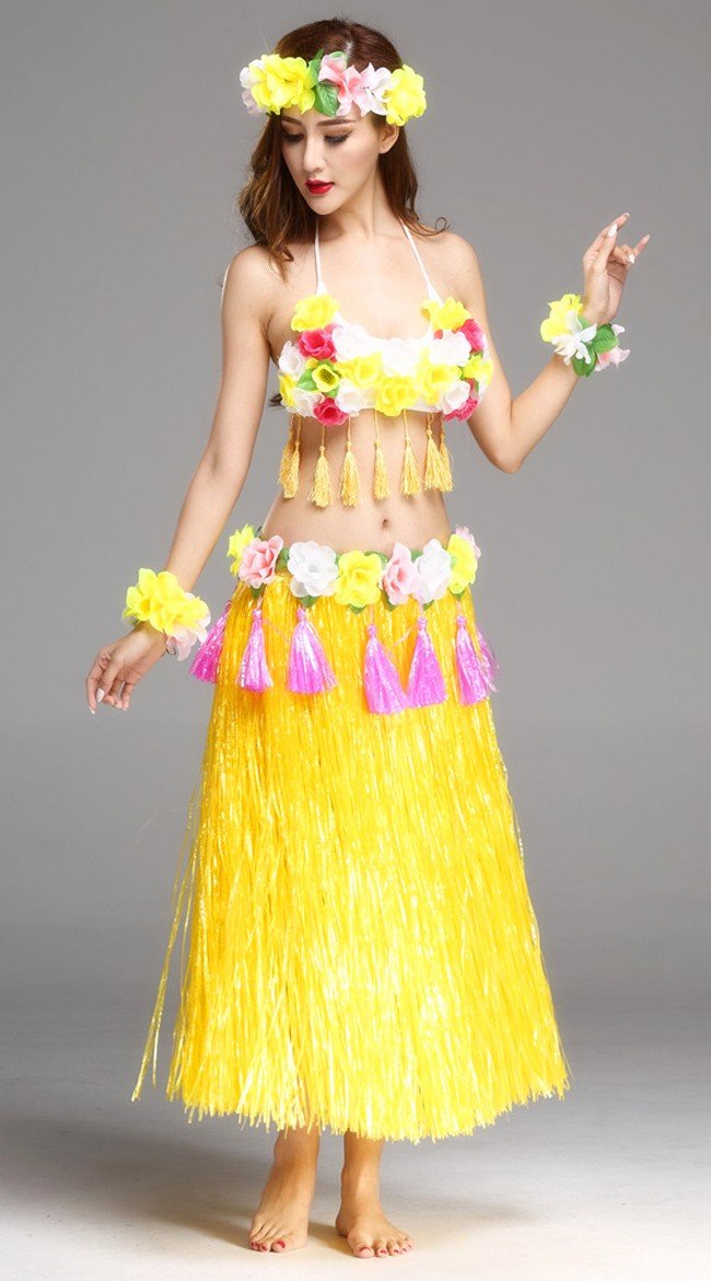 Hula Skørt Hawaii Kostume til Kvinder Gul Sæt 80cm