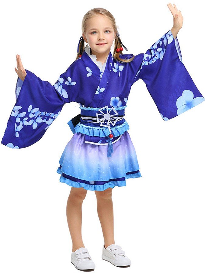 Børn Japansk Inspireret Kimono Kostume Blå