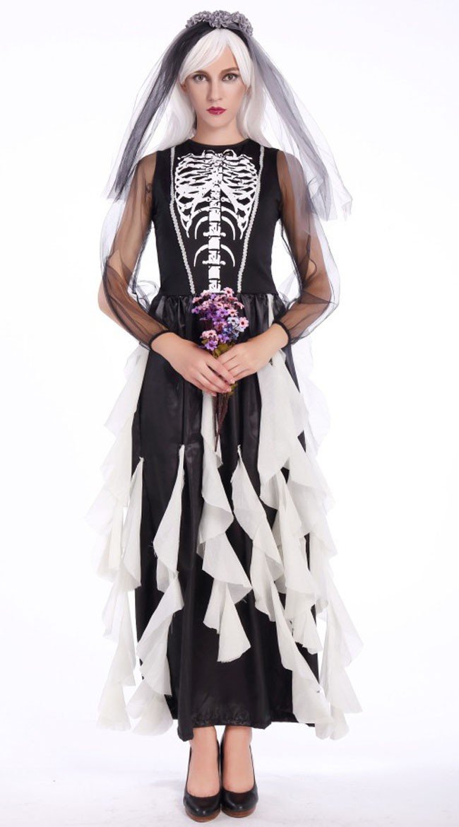 Haunting Halloween Skelet Brud Kostume