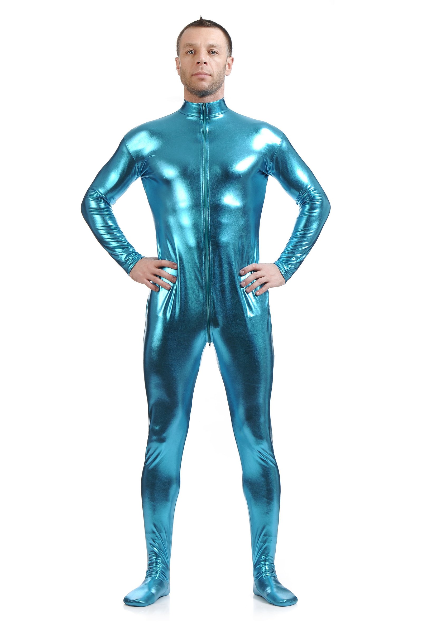 Metallisk Skinsuits Mænd Morphsuits Ingen Hætte Lyseblå