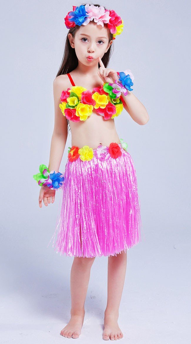 Hula Skørt til Børn Hawaii Kostume Lyserød Sæt 40cm
