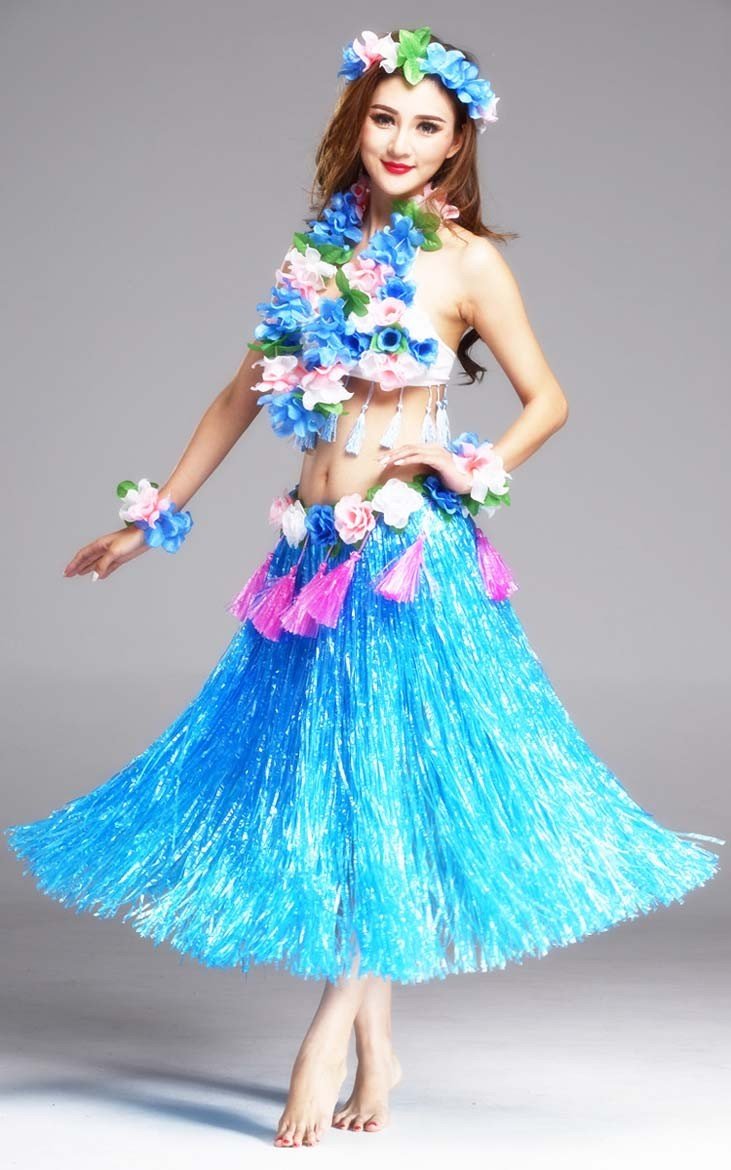 Hula Skørt Hawaii Kostume til Kvinder Blå Sæt 80cm