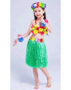 Hula Skørt til Børn Hawaii Kostume Grøn Sæt 40cm