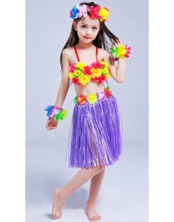 Hula Skørt til Børn Hawaii Kostume Lilla Sæt 40cm